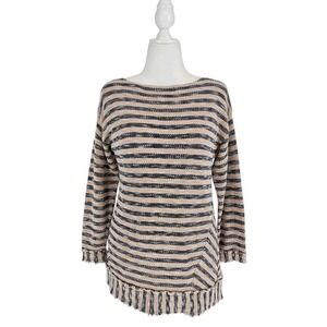 Soft‎ Surroundings Sweater Womens Medium Tan Black Striped Fringed Cotton 36380